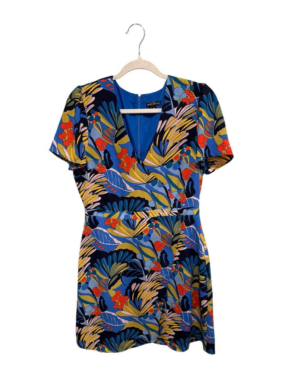 J. Crew Navy Floral-Print Midi Dress w/ Red & Yellow Tropical Motifs - Size 10